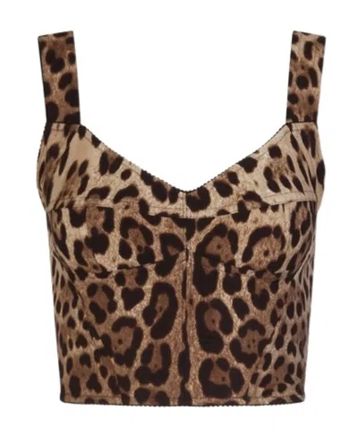 Dolce & Gabbana Printed Stretch Silk Blend Bodice In Brown