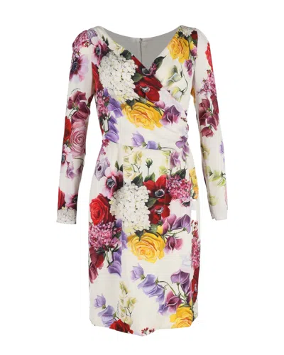 Dolce & Gabbana White Floral Print Silk Long Sleeve Dress