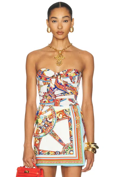 Dolce & Gabbana Charmeuse Stretch Carretto Print Bodysuit In White & Red