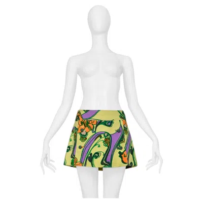 Pre-owned Dolce & Gabbana Chartreuse Floral Print Super Mini Skirt With Jewel Buttons In Sand