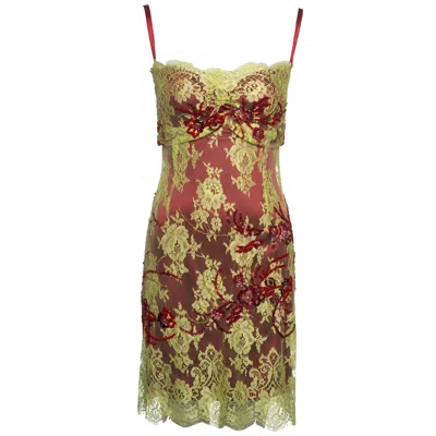 Pre-owned Dolce & Gabbana Chartreuse Lace Mini Dress With Red Bead Embroidery, Fw 1999