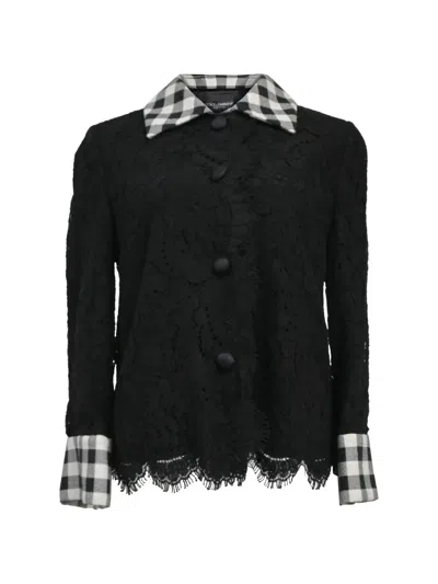 Pre-owned Dolce & Gabbana Check-collar Lace Shirt In Black