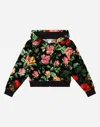 Dolce & Gabbana Chenille Hoodie With Rose Print Over A Black Background In Print