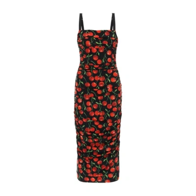 DOLCE & GABBANA CHERRY PRINT JERSEY MIDI DRESS