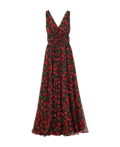 DOLCE & GABBANA CHERRY-PRINT PLEATED DRESS