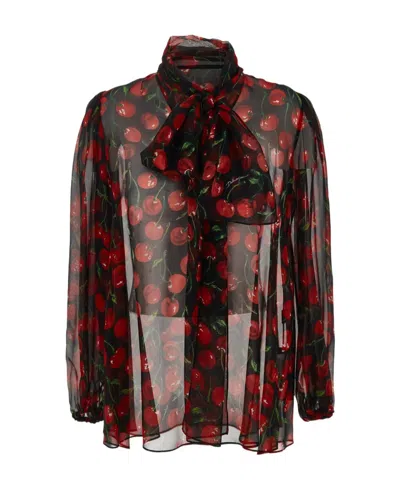 Dolce & Gabbana Cherry-print Silk Blouse In Black