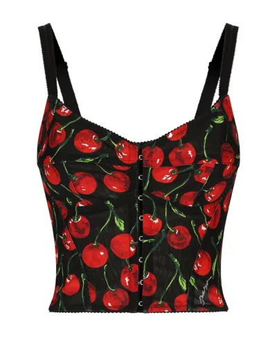 Dolce & Gabbana Dolce  Gabbana Cherry Print Zipped Bustier Top In Black