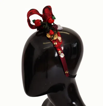 Dolce & Gabbana Cherry Silk Crystal Bow Headband In Pink