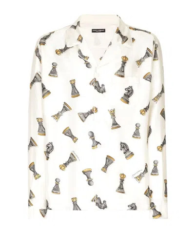 Dolce & Gabbana Chess-piece Print Silk Twill Shirt In White
