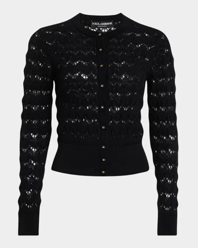 Dolce & Gabbana Chevron Open-knit Crewneck Cardigan In Black