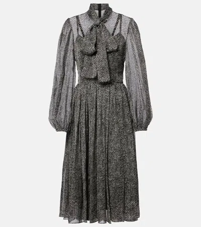 Dolce & Gabbana Chevron Tie-neck Silk-blend Midi Dress In Black