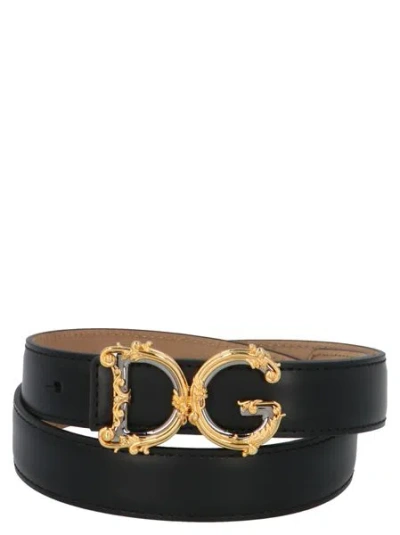 Dolce & Gabbana Chic Baroque Logo Canvas Belt In Muted Cream Hues For Women In Black