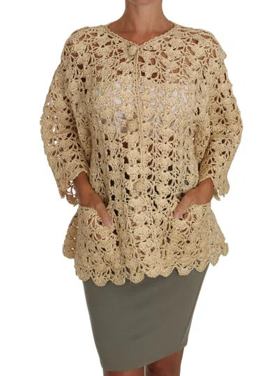 Dolce & Gabbana Crochet Raffia Cardigan Sweater Openwork Pockets In Brown