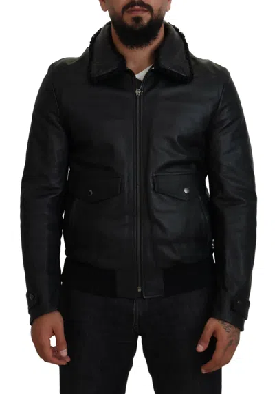 Dolce & Gabbana Lamb Leather Collared Bomber Men Coat Jacket In Black
