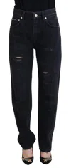 Dolce & Gabbana Black Cotton Tattered High Waist Denim Jeans In Black