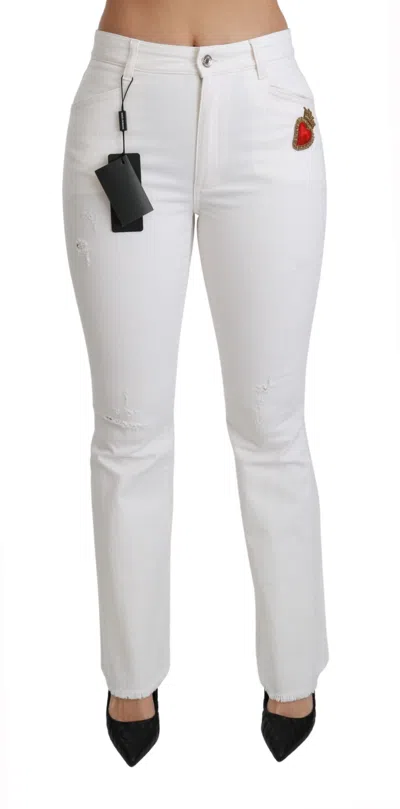 Dolce & Gabbana Heart-embroidered Stretch Cotton Jeans In White
