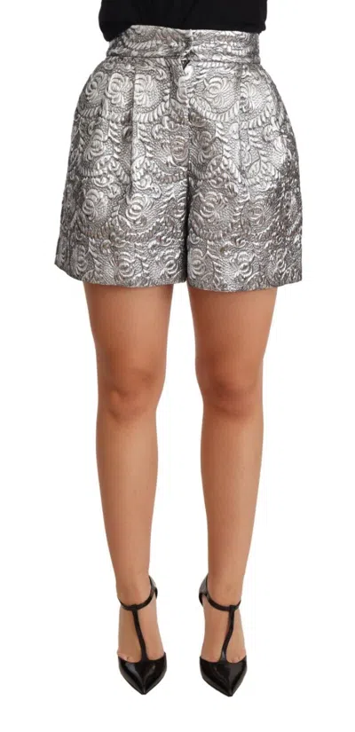 Dolce & Gabbana Floral Brocade High Waist Shorts In Silver