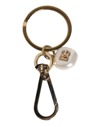 Pre-owned Dolce & Gabbana Chic Gold Brass Faux Pearl Letter Charm Keyring Women's Keychain ()