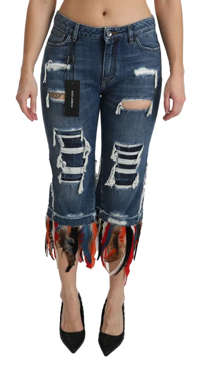 Dolce & Gabbana Distressed Feather-trim Cropped Jeans In Blue