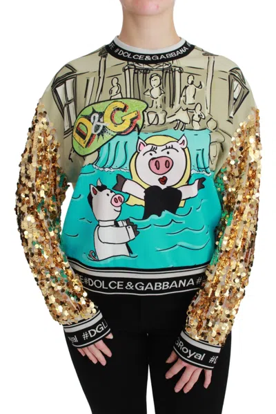 Dolce & Gabbana Pig Year Sequin Knit Crew Sweater In Black