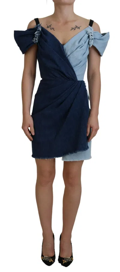 Dolce & Gabbana Patchwork Denim Mini Dress Draped Sleeves In Multi