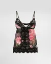 Dolce & Gabbana Chiffon And Lace Lingerie Top With Rose Print In Print