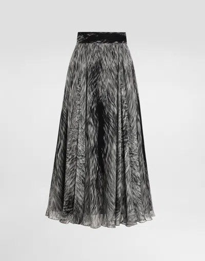 DOLCE & GABBANA CHIFFON CALF-LENGTH CIRCLE SKIRT WITH FUR PRINT