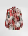 Dolce & Gabbana Chiffon Pussy-bow Blouse With Rose Print In Print