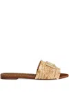 Dolce & Gabbana Women Beige Sandals With Fringed Details And Logo Plaque On The Front In Raffia Woma In Gold