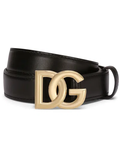 Dolce & Gabbana Cintura Nera In Pelle Con Placca Logo Dorata Dolce E Gabbana In Multi