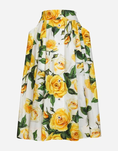 Dolce & Gabbana Circle Skirt In Yellow Rose-print Cotton In White