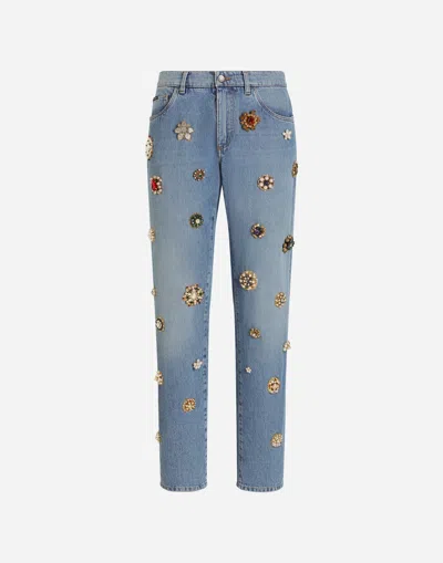 Dolce & Gabbana Classic Cotton Jeans With Tag And Bejeweled Details In Multicolor
