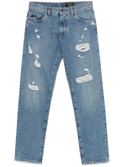 Dolce & Gabbana Classic Five-pocket Cotton Jeans With Abrasions In Navy