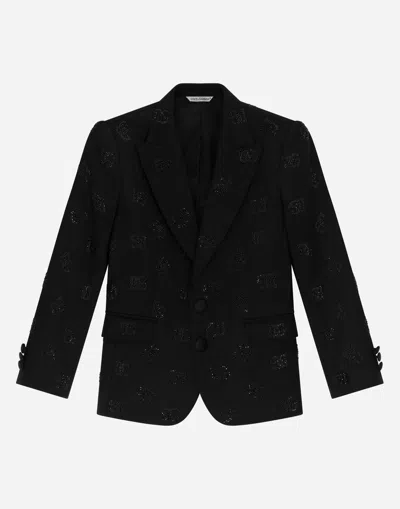 Dolce & Gabbana Kids' Classic Wool Two-button Sicilia-fit Jacket With All-over Fusible-rhinestone Logo In Black