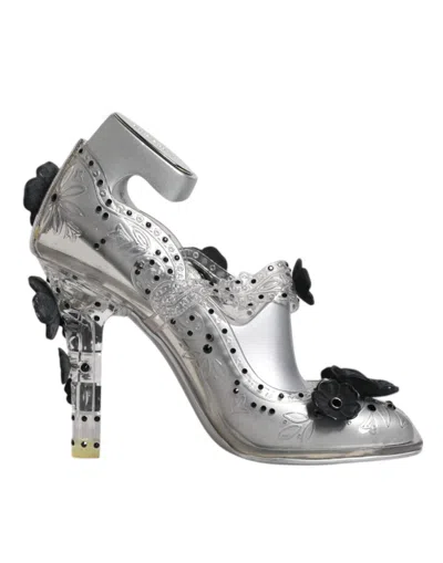 Dolce & Gabbana Clear Floral Crystal Cinderella Heels Shoes In Metallic