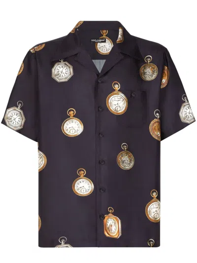 Dolce & Gabbana Watch Print Silk Twill Hawaiian Shirt