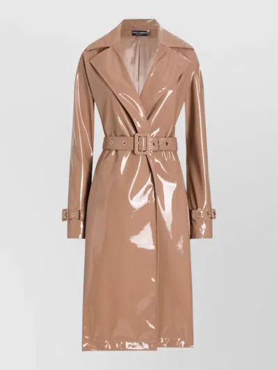 Dolce & Gabbana Coat Belted Waist Long Sleeves Nylon Silk In Nude