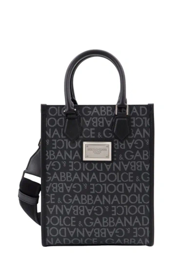 Dolce & Gabbana Coated Canvas And Leather Handbag With All-over Logo In Black