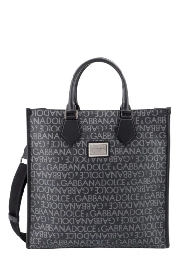 Dolce & Gabbana Coated Canvas And Leather Handbag With All-over Logo In Grey