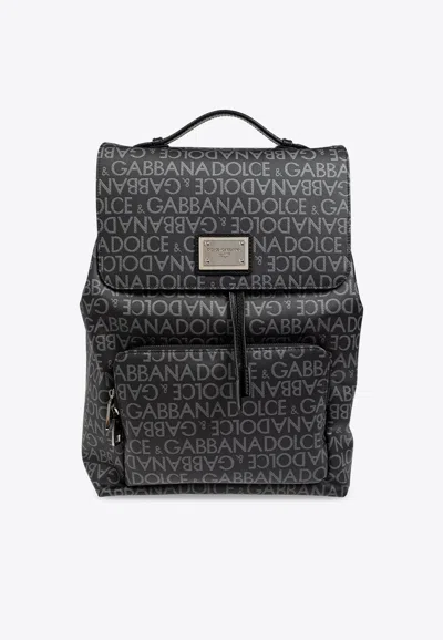 Dolce & Gabbana Coated Logo Jacquard Backpack In Black