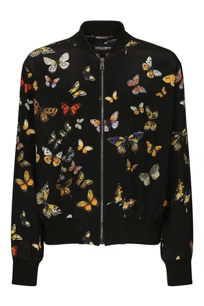 Dolce & Gabbana Butterfly-print Silk Bomber Jacket In Black Fdo Butterflies