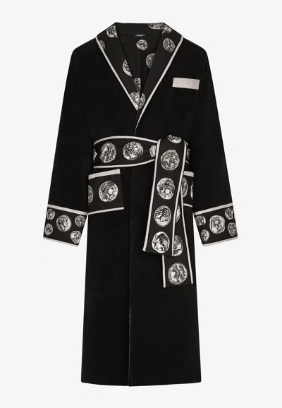 Dolce & Gabbana Coin Print Bathrobe In Black