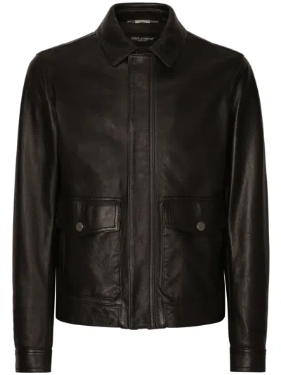Dolce & Gabbana Collared Leather Coat In Schwarz