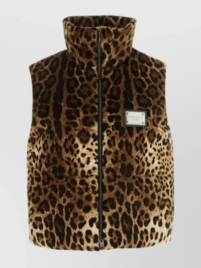 Dolce & Gabbana Collared Sleeveless Padded Jacket With Animal Print In Brown