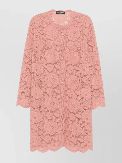 Dolce & Gabbana Collarless Lace Floral Patch Pockets Coat In Pink