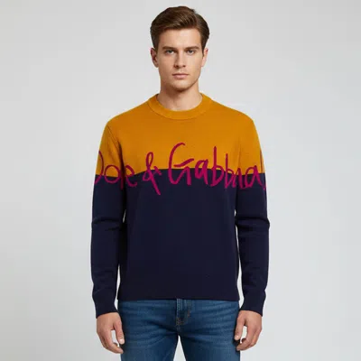 Pre-owned Dolce & Gabbana Colorblock Pattern Logo Detail Wool Crew Neck Sweater M In Blue