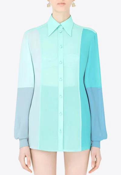 Dolce & Gabbana Colorblocked Long-sleeved Silk Shirt In Multi
