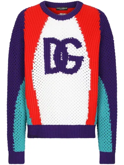 Dolce & Gabbana Colour-block Perforated Knit Jumper In White