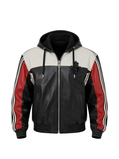 Dolce & Gabbana Hooded Leather Blouson Jacket Stripe Detail In Black