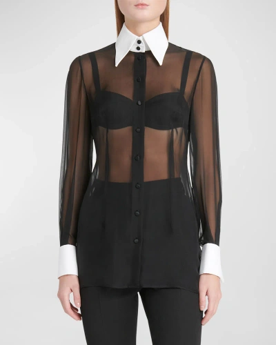 Dolce & Gabbana Contrast Collar Sheer Chiffon Shirt In Black